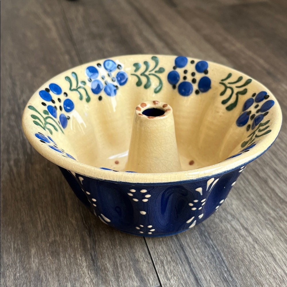 VINTAGE Pottery Bundt Cake Mold Blue and Cream Ceramic Hand Painted French?